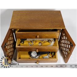WOODEN 3 DRAWER JEWELRY BOX FILLED. ESTATE