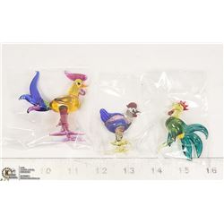 LOT OF 3 HAND BLOWN GLASS ROOSTER'S EUROPE