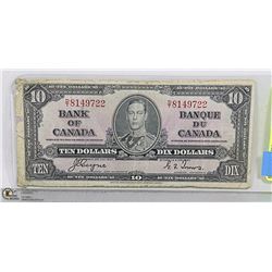 1937 CANADIAN $10 BILL SERIAL DT8149722 C/T