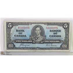 1937 CANADIAN $5 BILL SERIAL ES1161075 C/T