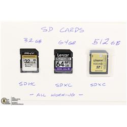 3 SD MEMORY CARDS (32GB, 64GB, 512GB)