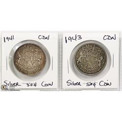 1941 & 1943 CANADIAN SILVER 50 CENT COINS