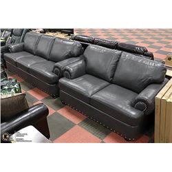 NEW GREY LEATHERETTE NAILHEAD SOFA WITH
