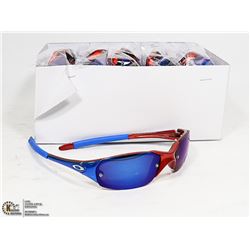 BOX OF METALLIC RED & BLUE OAKLEY STYLE SUNGLASSES