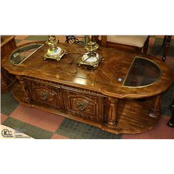 WOOD TONE GLASS VINTAGE COFFEE TABLE SET