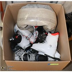 ESTATE BOX WITH HOUSEHOLD MISC, SKI BOOTS,