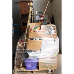 PALLET OF ESTATE ITEMS INCLUDING WOOD DECORATIVE