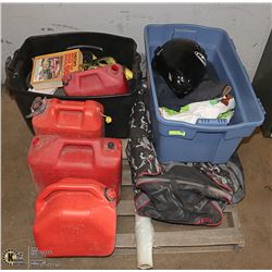 PALLET OF JERRY CANS, HARNESSES, WORK GEAR & MORE