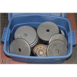 TOTE OF ASSORTED CAST IRON WEIGHTS