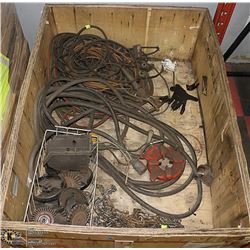 WOOD CRATE WITH TIRE CHAINS, WIRE BRUSHES, RIDGID