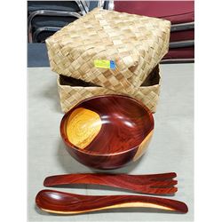 WOODEN BOWL- HAND CARVED IN WOVEN BANANA LEAF BOX