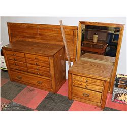 OAK DRESSER WITH MIRROR NIGHTABLE AND HEADBOARD