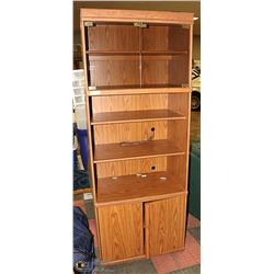 OAK BOOKCASE WITH GLASS DOOR & LIGHTING