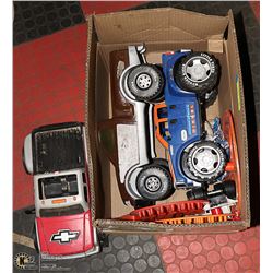 BOX OF KIDS TRUCKS AND TOYS