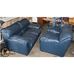 BLUE LEATHERETTE LOVESEAT & CHAIR