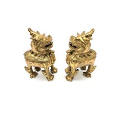 Pair Of Asian Brass Foo Dog Flip Top Incense Burners
