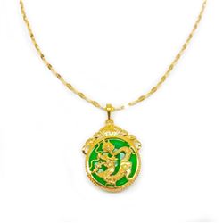 Chinese Carved Green Jade In Gold Dragon Mount Necklace