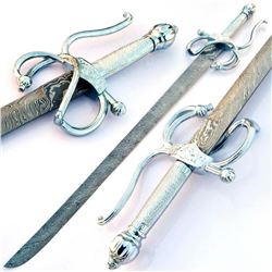Hand Made Damascus Steel Layered Rapier With Silver Guarded Handled Hilt