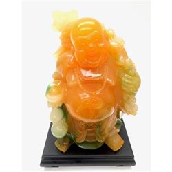 Vintage Orange And Green Laughing Buddha Sculpture With Black Wood Base