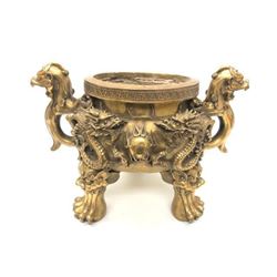Large Two-Handled Foo Dog & Dragon Decorated Lion Footed Brass Censor