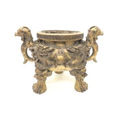 Large Two-Handled Foo Dog & Dragon Decorated Lion Footed Brass Censor