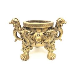 Large Two-Handled Foo Dog & Dragon Decorated Lion Footed Brass Censor