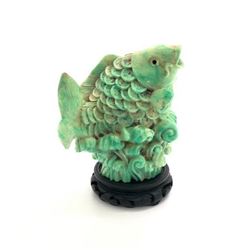 Large Green Surfacing Carved Arowana Fish On Stand