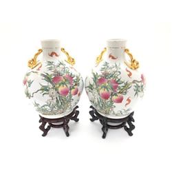 Large Pair Of Bulbous Oriental Gilt Finial 'Nine Peaches' Vases On Stands