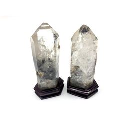 Pair Of Tibetan Black Quartz Crystal Mounted On Wooden Stands