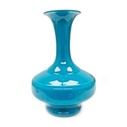 Asian Hand Painted Bright Blue Flambe Fluted & Belled Vase