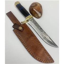 11 1/2" Inlaid Wood & Brass Handle Damascus Hunting Knife With Stitched Leather Sheath