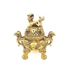 Large Marked Lidded Dragon & Foo Dog Decorated Brass Censor
