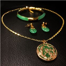Green Jade Dragon Phoenix Necklace Earrings & Bracelet Set