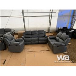 GREY RECLINING SOFA, LOVE SEAT, & CHAIR