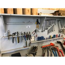 CONTENTS OF 4 DRAWER TOOL BENCH INCLUDING HAND TOOLS, HYDRALIC FEEDER, GREASE GUNS, SCALES, #3