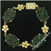 Image 3 : Vintage 14kt Yellow Gold Carved Oval Jade Bird and Etched Flower Link Bracelet