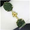 Image 7 : Vintage 14kt Yellow Gold Carved Oval Jade Bird and Etched Flower Link Bracelet