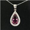 Image 3 : 18k White Gold 4.20 ctw Pear Shaped Rubellite Tourmaline Pendant w/ Diamond Halo