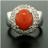 Image 7 : 14kt White Gold Oval Cabochon Red Coral Ring w/ 2.10 ctw Diamond Halo