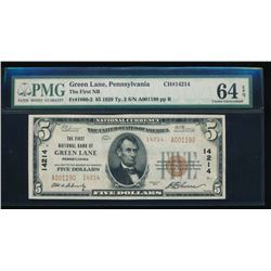 1929 $5 Green Lane National Bank Note PMG 64EPQ