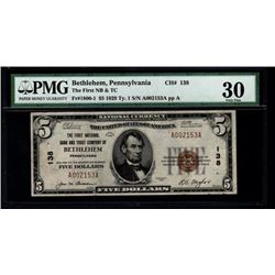 1929 $5 Bethlehem National Bank Note PMG 30