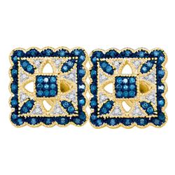 Womens Round Blue Color Enhanced Diamond Square Earrings 1/5 Cttw 10kt Yellow Gold - REF-21W5K