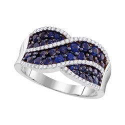 Womens Round Blue Sapphire Crossover Band Ring 1-1/2 Cttw 10kt White Gold - REF-31F5W