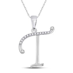 Womens Round Diamond Initial T Letter Pendant 1/10 Cttw 10kt White Gold - REF-7N5F