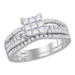 Princess Diamond Cluster Bridal Wedding Ring Band Set 1 Cttw 14kt White Gold - REF-71F9W