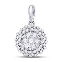 Womens Round Diamond Flower Cluster Pendant 1/2 Cttw 14kt White Gold - REF-38R9X