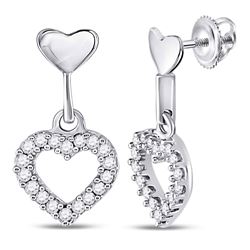 Womens Round Diamond Small Heart Dangle Earrings 1/5 Cttw 10kt White Gold - REF-14R9X