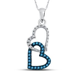 Womens Round Blue Color Enhanced Diamond Double Heart Dangle Pendant 1/6 Cttw 10kt White Gold - REF-