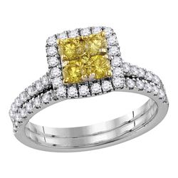 Round Yellow Diamond Cluster Bridal Wedding Ring Band Set 1-1/4 Cttw 14kt White Gold - REF-90R5X