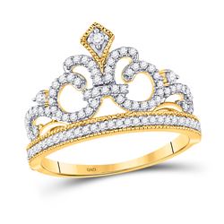 Womens Round Diamond Fleur Crown Tiara Fashion Ring 1/5 Cttw 10kt Yellow Gold - REF-15M9H